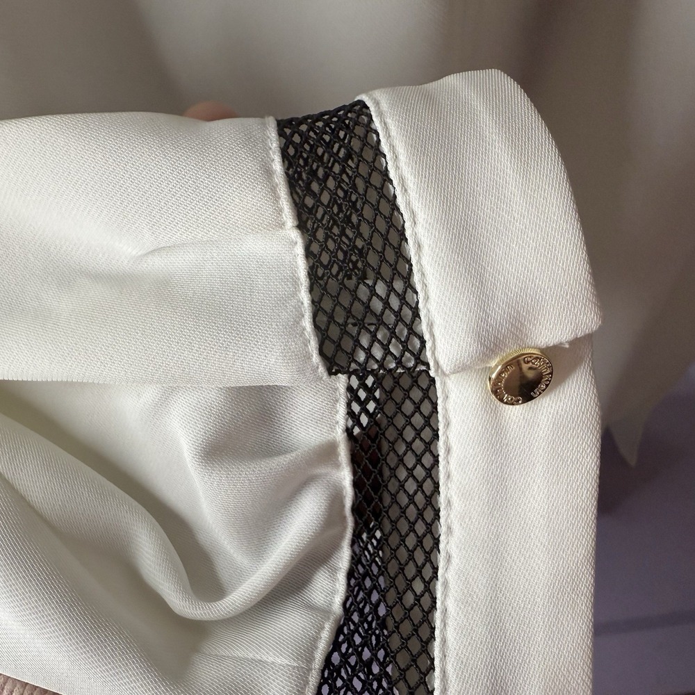 Calvin Klein Size Medium V-Neck Blouse Mesh Trim Gold Buttons Business Casual - Picture 4 of 8